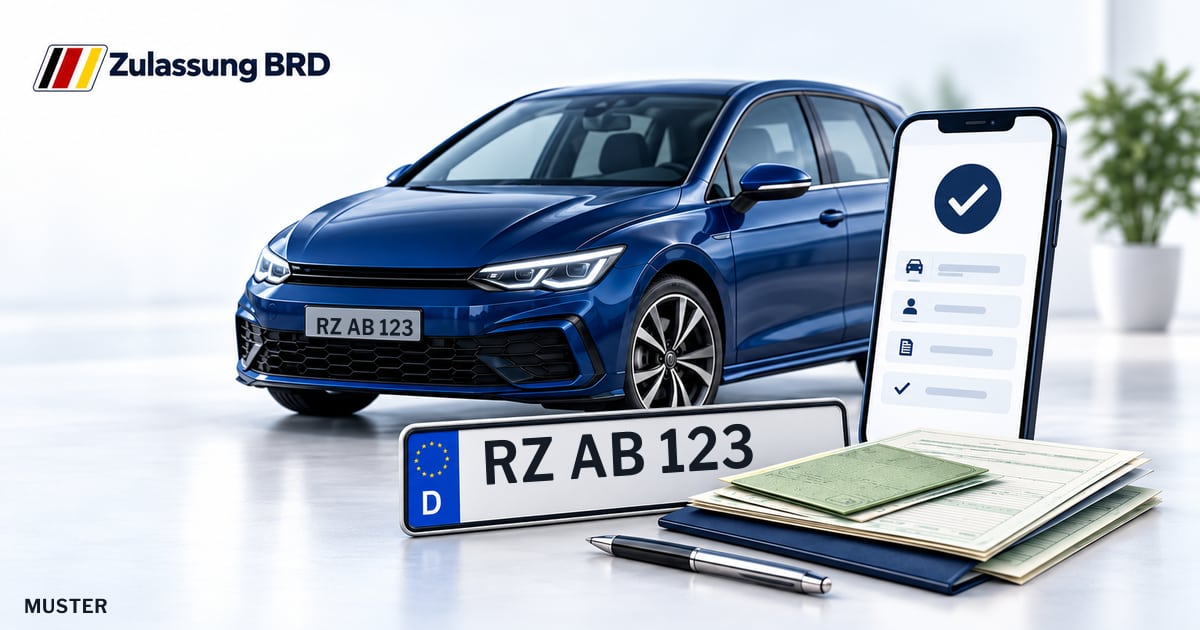 Online Fahrzeugzulassung in Geesthacht: Musterkennzeichen RZ AB 123, Auto und Fahrzeugpapiere und Smartphone. Illustration mit Logo von Zulassung BRD.